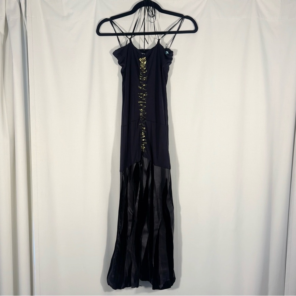 Vintage Marciano Black & Gold Ruched Midi Dress - Picture 2 of 8